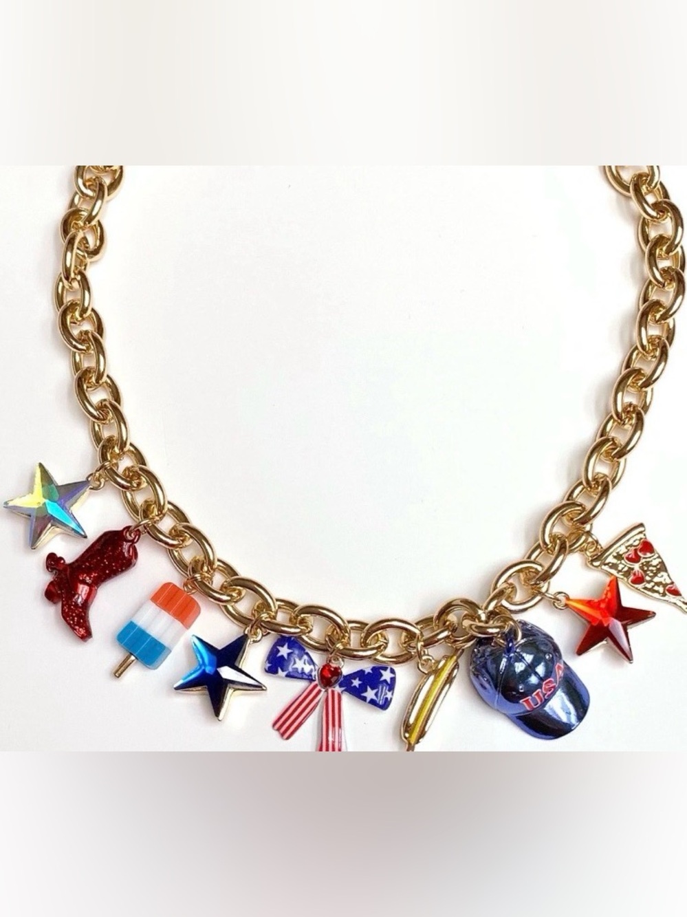 New. Betsey Johnson Patriotic Charm Necklace with Stars, Popsicle & Cap Charms